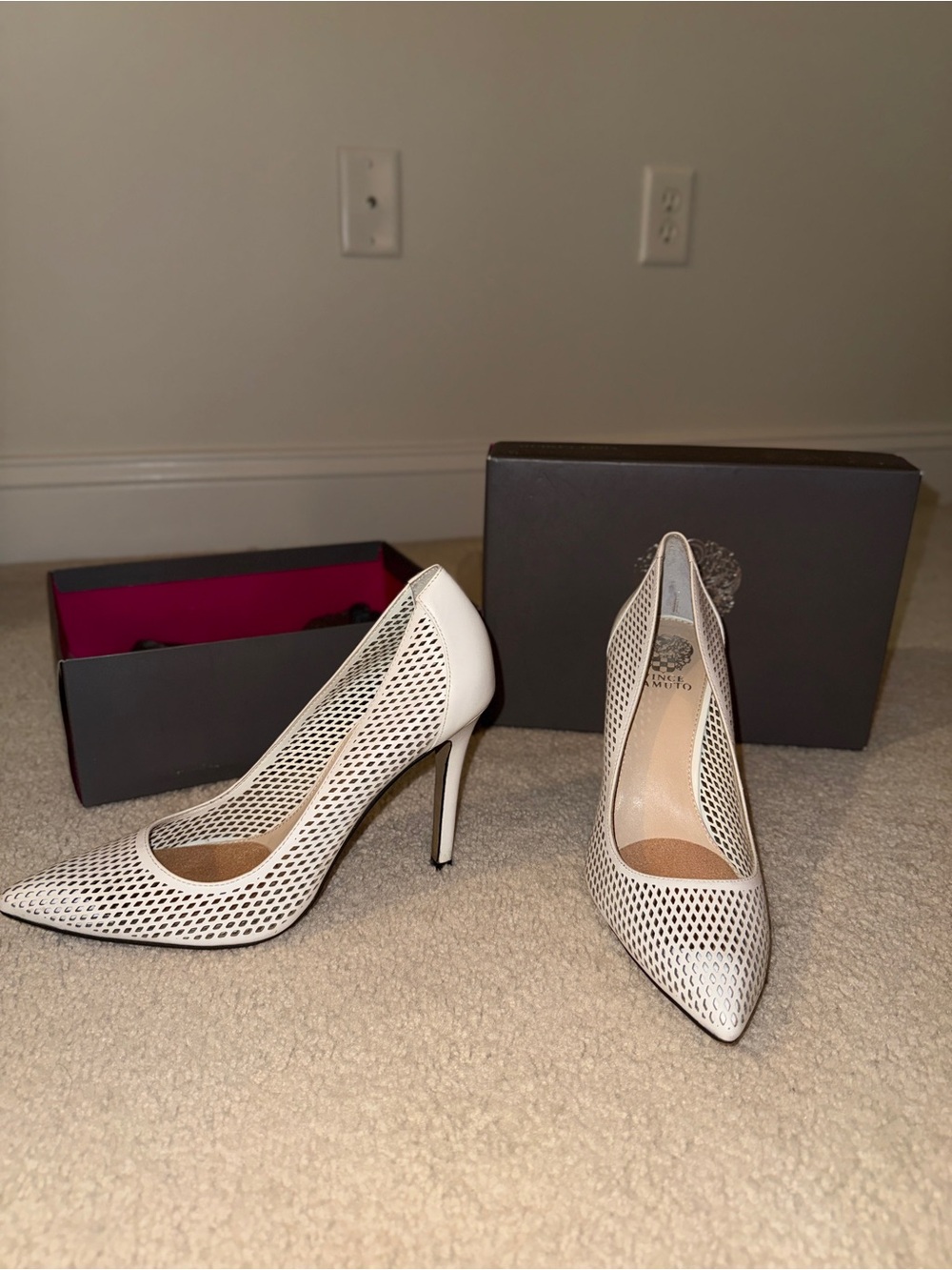 Vince Camuto White Laser-Cut Pointed Toe Stiletto Heels